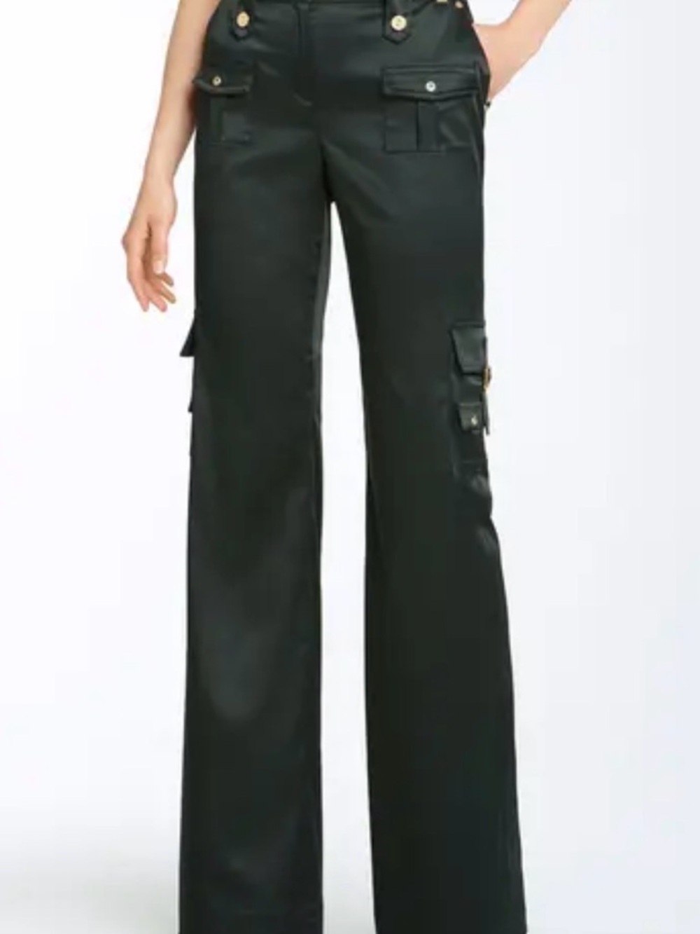 St. John Yellow Label NWT Black Satin Wide Leg Cargo Pants Gold Hardware 12